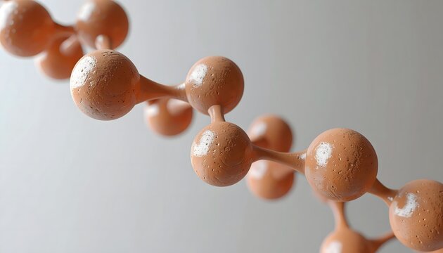 Close up 3D render of a complex microscopic polymer molecular chain structure featuring interconnected spherical beads representing chemical bonds