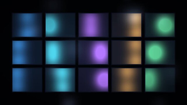 Broadcast control room monitor wall glowing bokeh abstract background