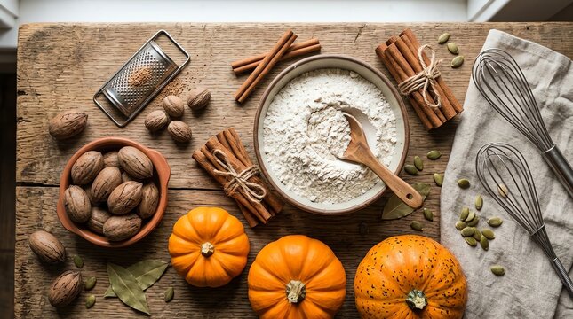 Overhead view of fall baking ingredients arranged on a wooden table