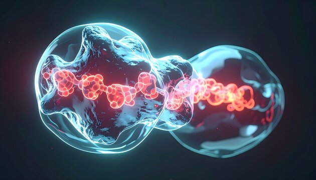 Microscopic view of dividing cellular organisms with glowing nucleus representing biotechnology genetics and cellular mitosis process