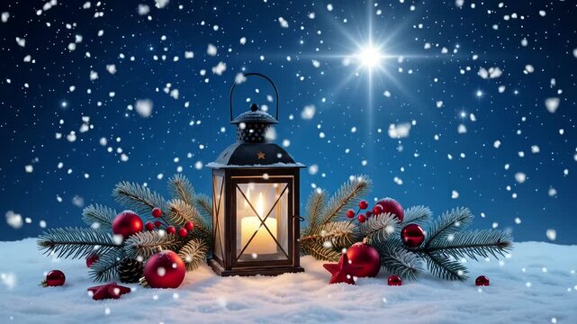 Glowing Christmas lantern in snow with pine branches and red baubles under night snowfall, peaceful holiday 3d render background loop
