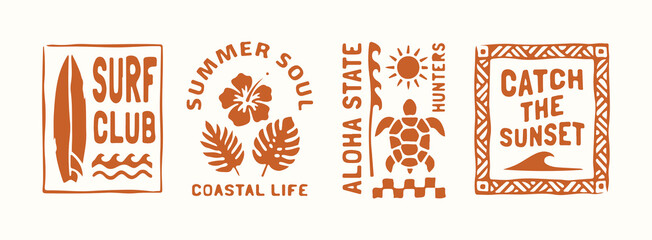 Vintage surf club logo set, retro coastal life summer soul emblems, aloha state turtle and surfboard icons, catch the sunset beach graphics © Once Again