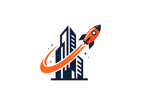 Business startup rocket launch logo design with skyscraper building