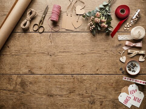 Overhead view of Valentine's Day gift wrapping supplies on a rustic wooden table