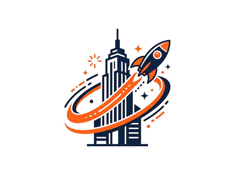 Business startup rocket launch logo design with skyscraper building