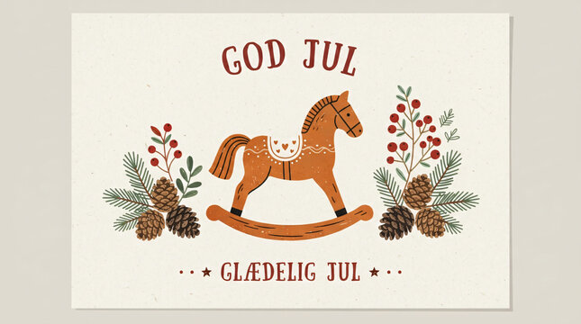 Vintage Scandinavian Dala Rocking Horse Card with text 'GOD JUL / GL&AElig;DELIG JUL' - Nostalgic Folk Art / Scandinavian Vintage Illustration