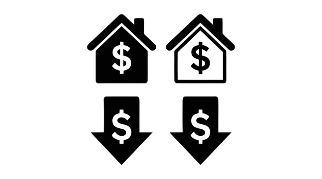 Vector illustration of house icons with dollar signs and downward arrows on a transparent background