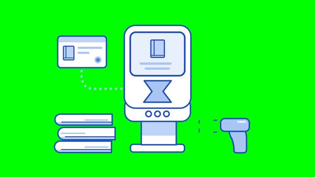 Digital Library Management System Illustration with Automated Book Scanning and Member Card Access Terminal
