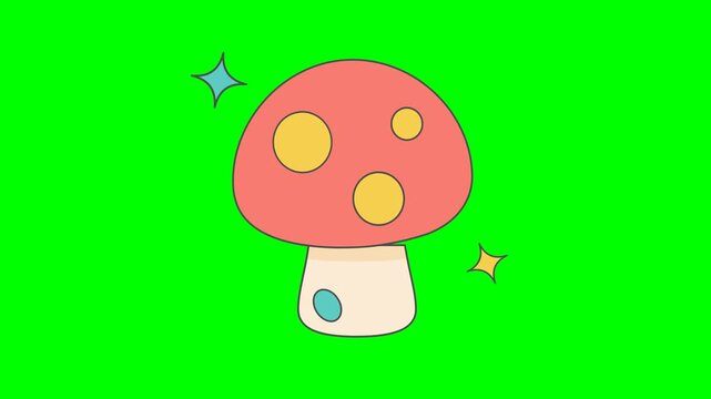Cute Red Mushroom Cartoon Illustration with Yellow Dots on a Bright Green Backdrop
