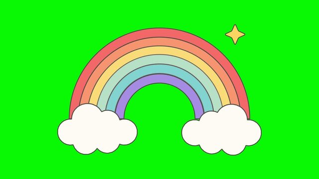 Colorful Rainbow Illustration with Fluffy White Clouds and a Sparkle Star on a Bright Green Background for Children's Design