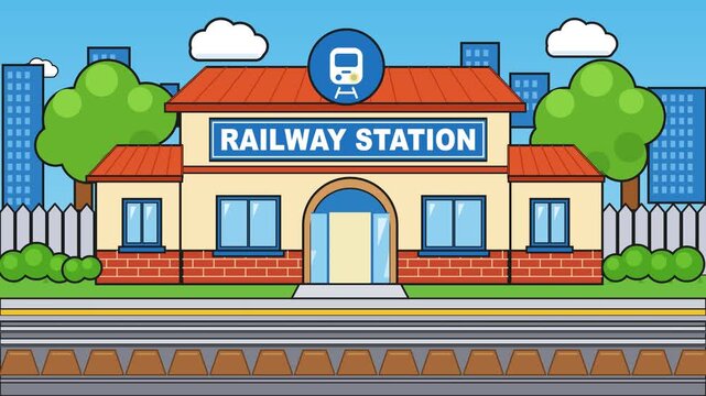 Cartoon Illustration of a Modern Railway Station Building with Train Tracks and City Background