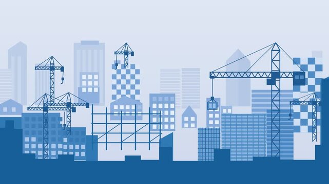 Modern Urban City Skyline Construction Illustration Featuring Tower Cranes and Architectural Building Scaffolding in Blue Tones