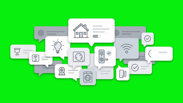 Abstract Concept of Smart Home Automation with Connected IoT Device Icons in Chat Bubbles on Green Background