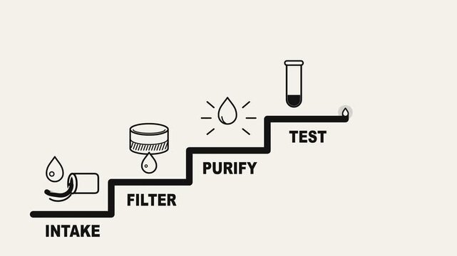 Conceptual Illustration of Water Treatment Cycle showing Intake Filter Purify and Test Stages for Clean Water Production