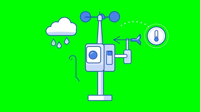 Flat Illustration of a Meteorological Weather Station with Temperature, Wind, and Rainfall Measurement Tools