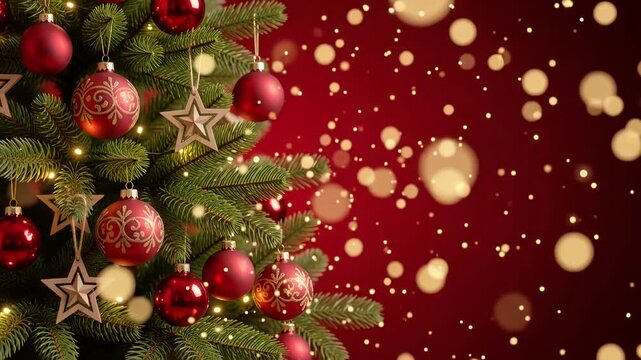 Christmas tree branches with red baubles and glowing golden bokeh particles on festive red copy space, holiday 3d render background loop
