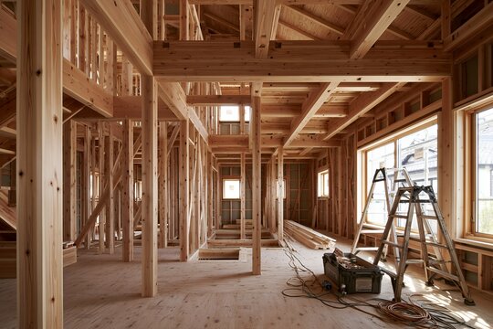 建築現場の木造軸組工法による新築建設風景