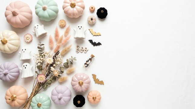 Pastel Halloween decorations laid out in a flat lay composition with dried flowers
