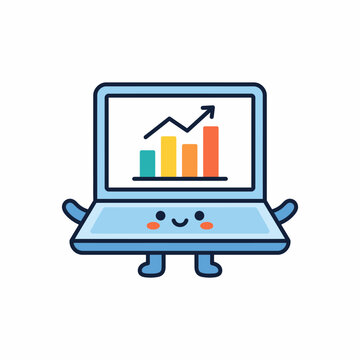 Cute smiling laptop character displaying a rising bar chart