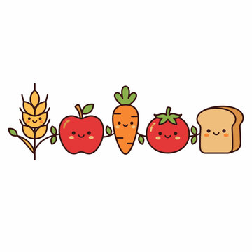Row of five cute smiling food characters holding hands together