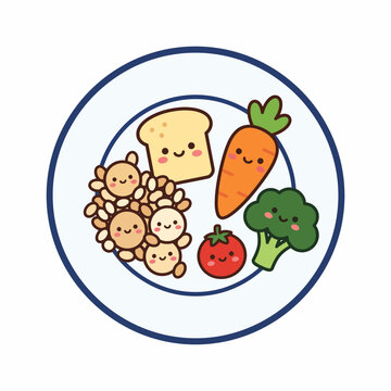 Plate of cute smiling food characters with bread and vegetables