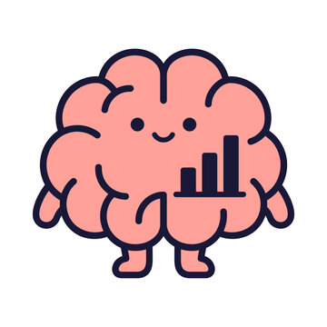 Cute smiling pink brain character with a bar chart symbol