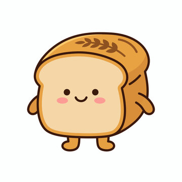 Cute smiling bread loaf character with wheat stalk emblem