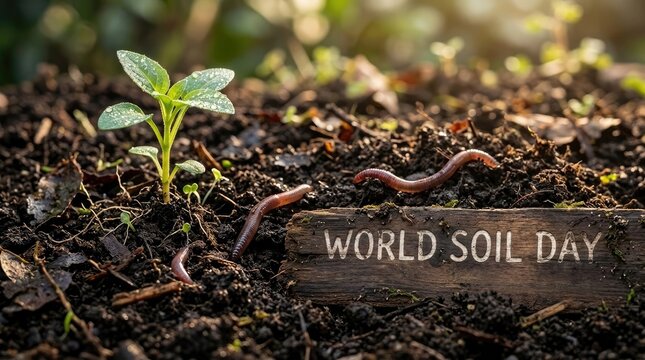 A small seedling and earthworms in fertile soil next to a wooden sign reading world soil day, highlighting soil health and environmental awareness world soil day
