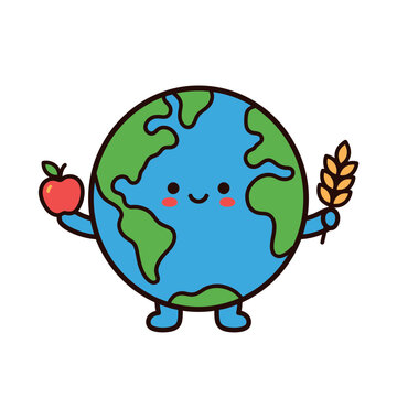 Cute smiling earth character holding an apple and wheat stalk