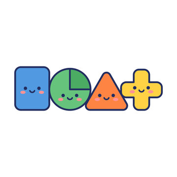 Four cute geometric shape characters with happy smiling faces