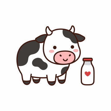 Cute spotted cow character standing next to a milk bottle