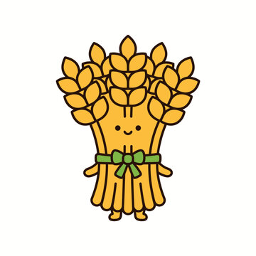 Cute golden wheat sheaf character tied with a green ribbon