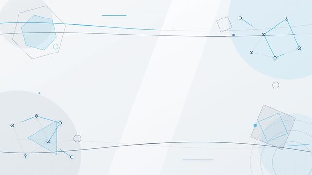 Abstract blue network nodes connected by lines with soft light and geometric shapes during a gentle camera pull back