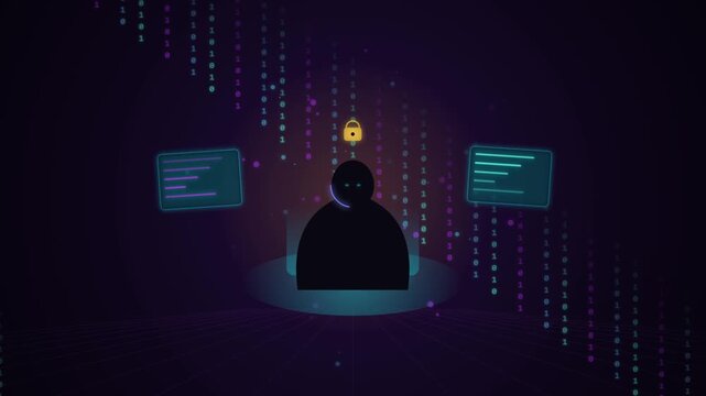 Cyber Security Hacker with Data Stream and Lock Icon