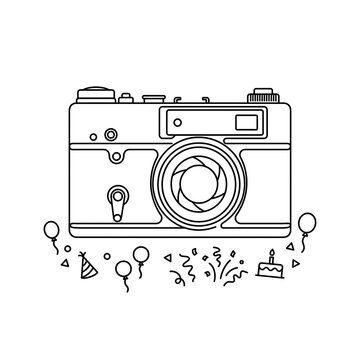 A minimalist black and white line art illustration of a vintage camera surrounded by festive party elements for creative design projects