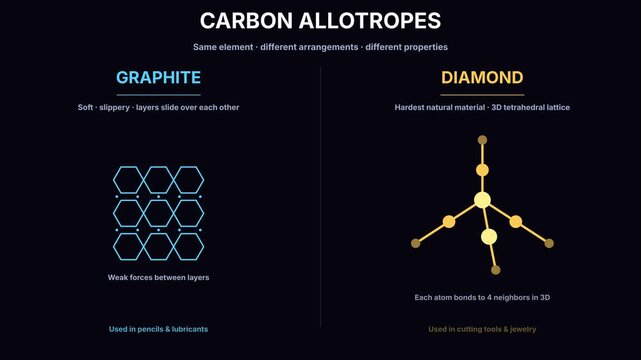 Carbon allotropes chemistry animation comparing graphite layers and diamond 3D tetrahedral lattice structure