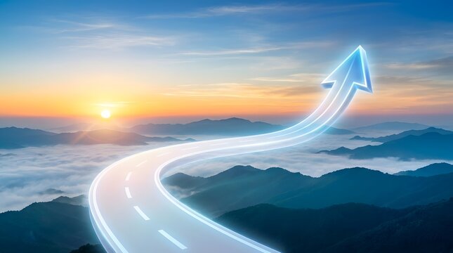Glowing upward arrow shaped as a road over mountain clouds at sunrise representing business growth and visionary success path