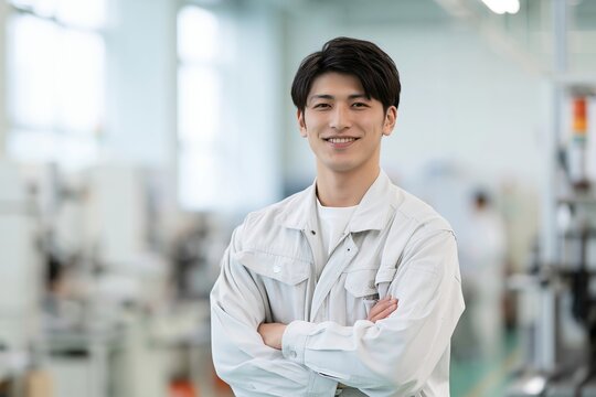 工場で働く若い日本人男性が腕組みして笑顔で目線