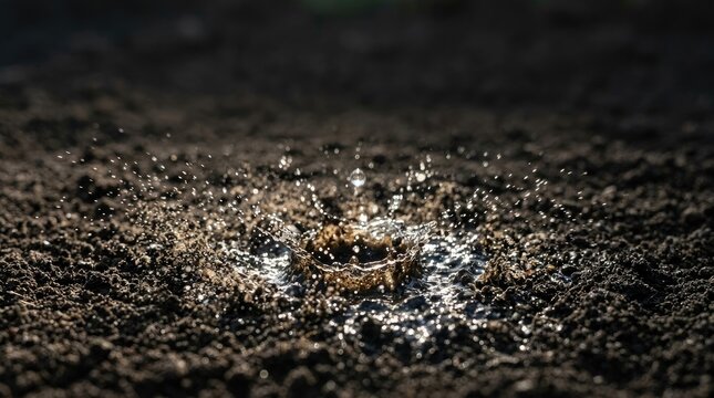 A single water droplet creating a splash and ripple effect upon hitting dark, moist soil surface in a closeup macro shot world soil day