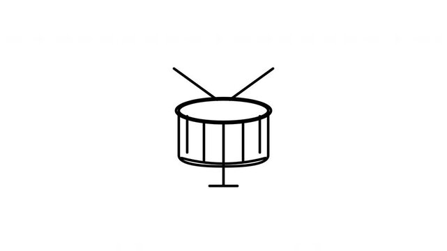 Simple line art icon of a drum with drumsticks, a minimalist percussion musical instrument on a white background.