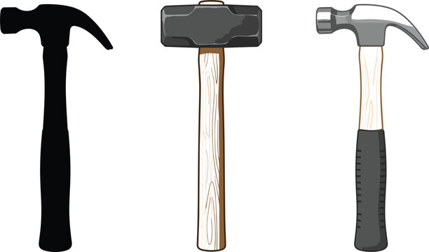 Three distinct hammer styles including a solid black silhouette a realistic wooden sledgehammer and a classic metallic claw tool