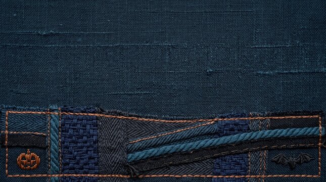 Dark Teal Linen Fabric Texture with Woven Patchwork Trim, Orange Stitching, Embroidered Pumpkin and Bat for Halloween Banner or Greeting Card with Open Copy Space Above