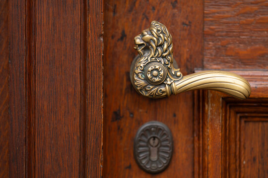 Metal design around antique ring handle. Metal design with detailed forged ironwork. Gothic doorway metal design with ornamental rivets. Old architectural portal with metal design and craftsmanship.