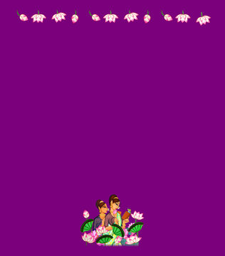 Traditional Indian Women in Lotus Pond Motif Saree Blouse Layout with Hanging Lotus Border on Deep Purple Base