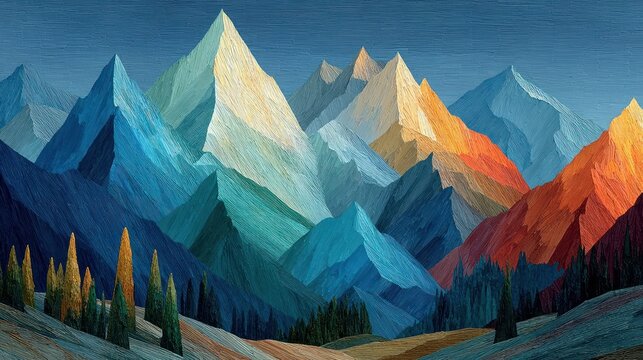 Vibrant mountain range landscape painting.