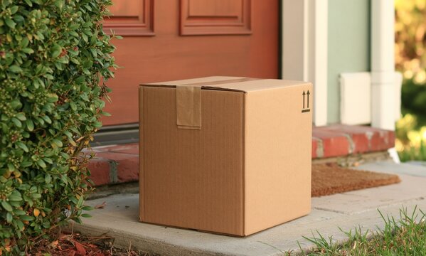 Brown box sits on doorstep, ready for delivery