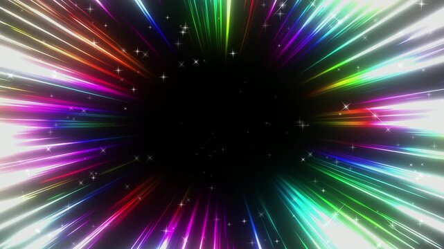 Rainbow radial light rays background slowly rotating counterclockwise around black copy space with twinkling sparkles, seamless loop in 4K