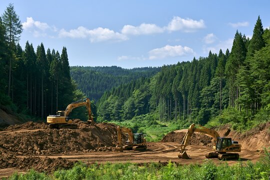 山林の森林伐採現場で稼働する複数のショベルカー