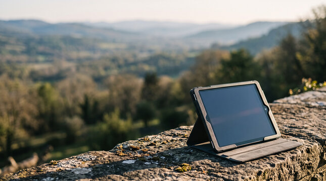 Tablet on Stone Wall Overlooking Valley