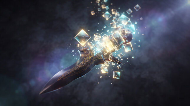 A beautifully decorated keris dagger shatters into glowing crystal cubes against dark background